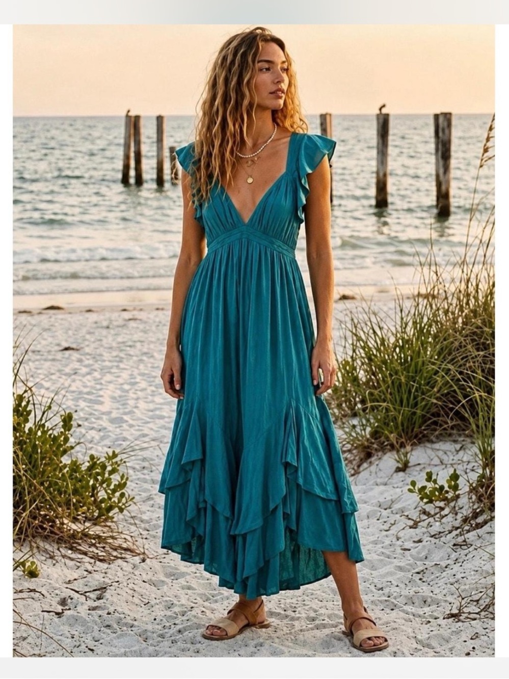 Free People | Dresses | Free People Freeest Aquamarine Midi Maxi Dress Tiered Open Back Size Small
